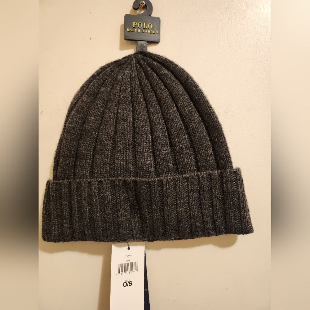 Polo Ralph Lauren Logo Lambs Wool Beanie Winter Hat Charcoal Gray Black Pony New